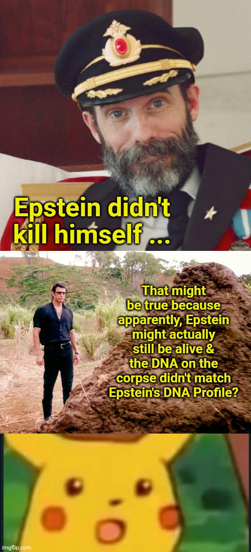 Epstein didn't kill himself ... That might be true because apparently, Epstein might actually still be alive & the DNA on the corpse didn't match Epstein's DNA Profile? | image tagged in captain obvious,jurrasic park shit,surprised pikachu | made w/ Imgflip meme maker