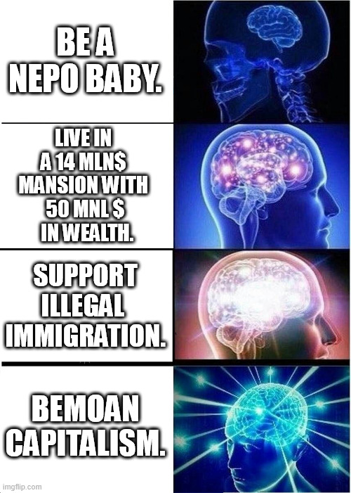 https://imgflip.com/i/aigt31 The commiefornia homowood morons like Billie Eilish are hypocrites! https://imgflip.com/i/aigwc8 | BE A NEPO BABY. LIVE IN 
A 14 MLN$ 
MANSION WITH 
50 MNL $
 IN WEALTH. SUPPORT ILLEGAL 
IMMIGRATION. BEMOAN CAPITALISM. | image tagged in memes,expanding brain,billie eilish,hypocrite,funny memes,funny | made w/ Imgflip meme maker