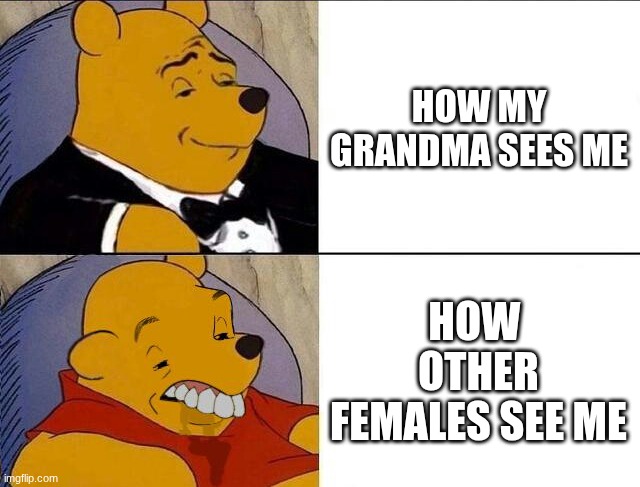 fact | HOW MY GRANDMA SEES ME; HOW  OTHER FEMALES SEE ME | image tagged in tuxedo winnie the pooh grossed reverse | made w/ Imgflip meme maker
