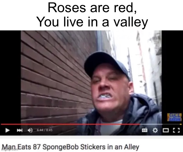 Br | Roses are red,
You live in a valley | image tagged in funny,memes,relatable,funny memes,spongebob,youtube | made w/ Imgflip meme maker