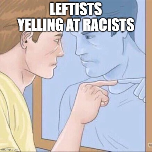 Pointing mirror guy | LEFTISTS YELLING AT RACISTS | image tagged in pointing mirror guy | made w/ Imgflip meme maker