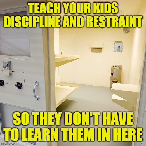 Good parenting saves taxpayer dollars | TEACH YOUR KIDS
DISCIPLINE AND RESTRAINT; SO THEY DON'T HAVE
TO LEARN THEM IN HERE | image tagged in parenting,prison,cell,discipline,restraint | made w/ Imgflip meme maker