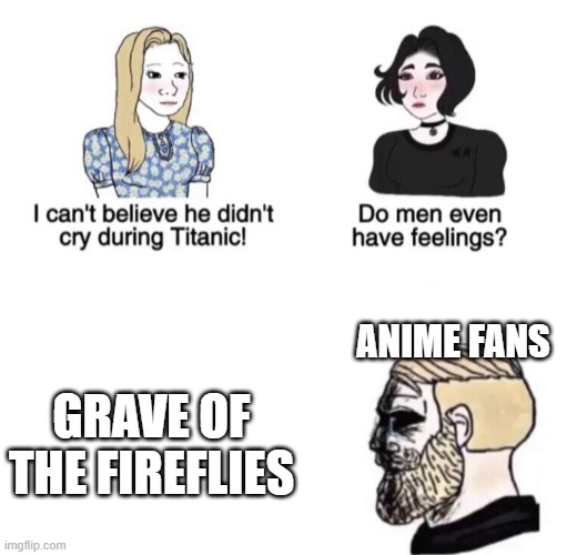 really good anime made by studio ghibli in the 80s, would recommend | ANIME FANS; GRAVE OF THE FIREFLIES | image tagged in chad crying,studio ghibli,anime | made w/ Imgflip meme maker