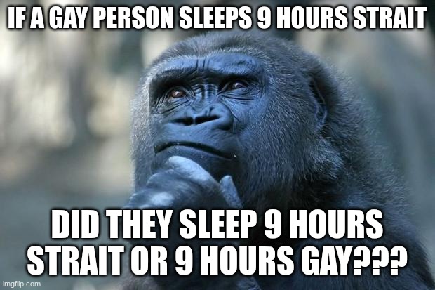 Deep Thoughts | IF A GAY PERSON SLEEPS 9 HOURS STRAIT; DID THEY SLEEP 9 HOURS STRAIT OR 9 HOURS GAY??? | image tagged in deep thoughts | made w/ Imgflip meme maker
