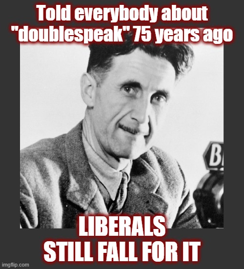 1984 should be mandatory reading in social education somewhere. | Told everybody about "doublespeak" 75 years ago; LIBERALS STILL FALL FOR IT | image tagged in politics,american politics,1984,george orwell,political science,liberals | made w/ Imgflip meme maker