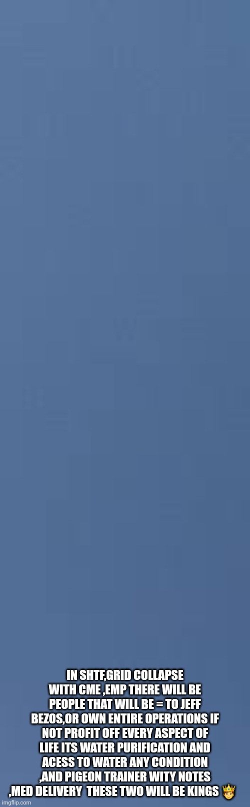 The Overnight kings in shtf ,cme emp | IN SHTF,GRID COLLAPSE WITH CME ,EMP THERE WILL BE PEOPLE THAT WILL BE = TO JEFF BEZOS,OR OWN ENTIRE OPERATIONS IF NOT PROFIT OFF EVERY ASPECT OF LIFE ITS WATER PURIFICATION AND ACESS TO WATER ANY CONDITION ,AND PIGEON TRAINER WITY NOTES ,MED DELIVERY  THESE TWO WILL BE KINGS 🤴 | image tagged in wow,yup | made w/ Imgflip meme maker