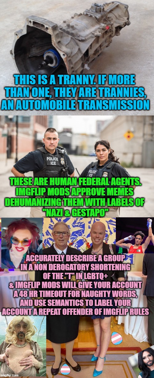 DEHUMANIZE ICE AGENTS, Mods encourage; shorten an accepted self identity Term, get a 48hr TimeOut | THIS IS A TRANNY. IF MORE 
THAN ONE, THEY ARE TRANNIES,
AN AUTOMOBILE TRANSMISSION; THESE ARE HUMAN FEDERAL AGENTS.
IMGFLIP MODS APPROVE MEMES 
DEHUMANIZING THEM WITH LABELS OF 
"NAZI & GESTAPO"; ACCURATELY DESCRIBE A GROUP
IN A NON DEROGATORY SHORTENING
OF THE "T" IN LGBTQ+
& IMGFLIP MODS WILL GIVE YOUR ACCOUNT
A 48 HR TIMEOUT FOR NAUGHTY WORDS,
AND USE SEMANTICS TO LABEL YOUR
ACCOUNT A REPEAT OFFENDER OF IMGFLIP RULES | image tagged in transmission meme,ice agents,rachel levine sam brinton transgender,free speech,marxism,control | made w/ Imgflip meme maker
