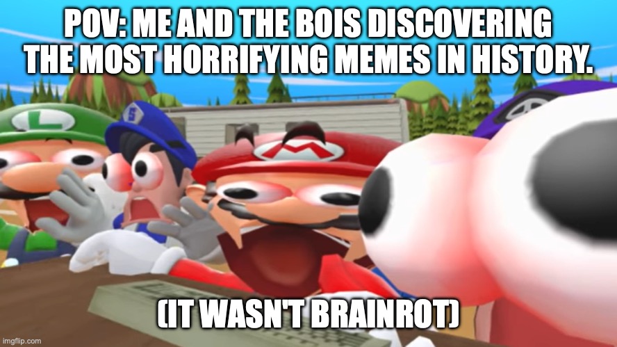 Welp, we dead. | POV: ME AND THE BOIS DISCOVERING THE MOST HORRIFYING MEMES IN HISTORY. (IT WASN'T BRAINROT) | image tagged in smg4 characters scream,smg4 | made w/ Imgflip meme maker