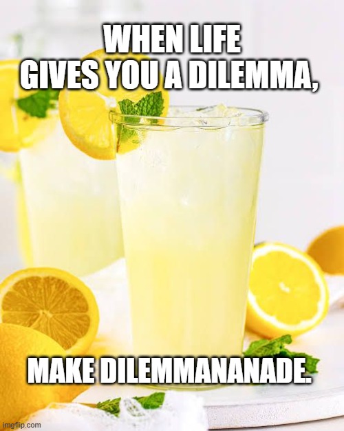 Life Gives. | WHEN LIFE GIVES YOU A DILEMMA, MAKE DILEMMANANADE. | image tagged in life gives | made w/ Imgflip meme maker
