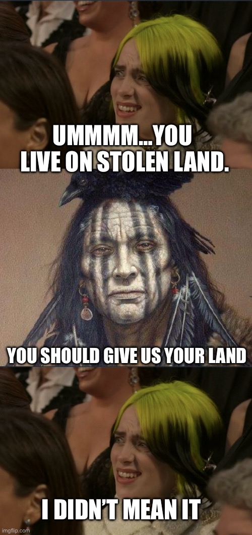 UMMMM…YOU  LIVE ON STOLEN LAND. YOU SHOULD GIVE US YOUR LAND; I DIDN’T MEAN IT | image tagged in billie ellish oscars,native american,politics,political meme,stolen | made w/ Imgflip meme maker