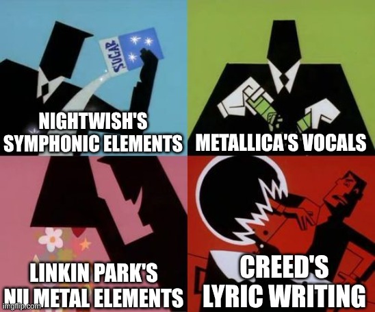 The Birth of Skillet | NIGHTWISH'S SYMPHONIC ELEMENTS; METALLICA'S VOCALS; LINKIN PARK'S NU METAL ELEMENTS; CREED'S LYRIC WRITING | image tagged in powerpuff girls creation,memes,music,rock music,heavy metal | made w/ Imgflip meme maker