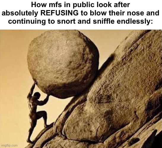 . | How mfs in public look after absolutely REFUSING to blow their nose and continuing to snort and sniffle endlessly: | image tagged in dude carrying a rock to a hill | made w/ Imgflip meme maker