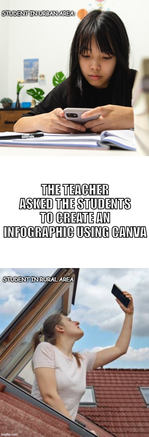 Internet connection | STUDENT IN URBAN AREA:; THE TEACHER ASKED THE STUDENTS TO CREATE AN INFOGRAPHIC USING CANVA; STUDENT IN RURAL AREA: | image tagged in school memes | made w/ Imgflip meme maker