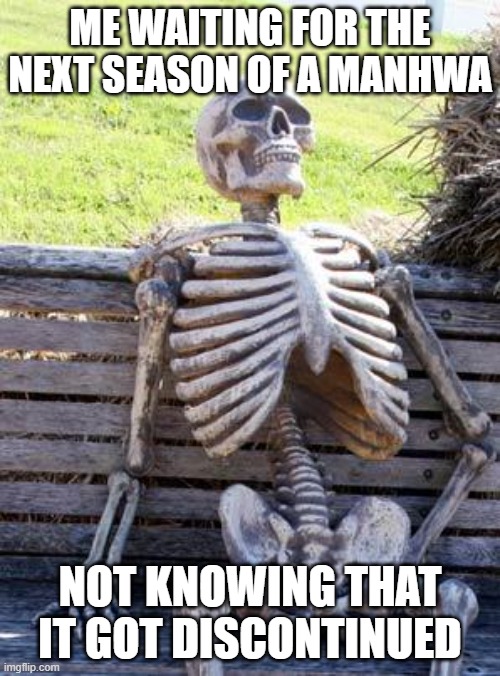 Waiting Skeleton Meme | ME WAITING FOR THE NEXT SEASON OF A MANHWA; NOT KNOWING THAT IT GOT DISCONTINUED | image tagged in memes,waiting skeleton | made w/ Imgflip meme maker