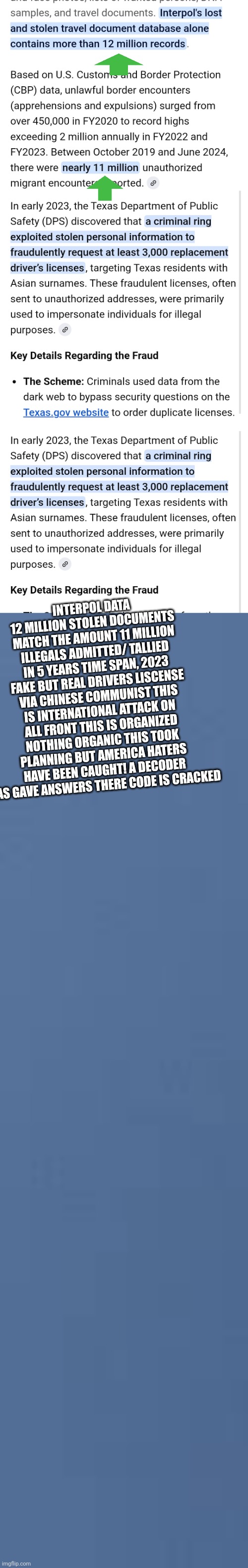 DECODER cracked the illegal pipeline network | INTERPOL DATA 12 MILLION STOLEN DOCUMENTS MATCH THE AMOUNT 11 MILLION ILLEGALS ADMITTED/ TALLIED IN 5 YEARS TIME SPAN, 2023 FAKE BUT REAL DRIVERS LISCENSE VIA CHINESE COMMUNIST THIS IS INTERNATIONAL ATTACK ON ALL FRONT THIS IS ORGANIZED NOTHING ORGANIC THIS TOOK PLANNING BUT AMERICA HATERS HAVE BEEN CAUGHT! A DECODER HAS GAVE ANSWERS THERE CODE IS CRACKED | image tagged in hell,decode | made w/ Imgflip meme maker