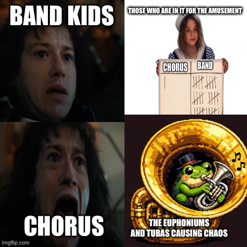 Stranger Things Eddie scared | THOSE WHO ARE IN IT FOR THE AMUSEMENT; BAND KIDS; CHORUS; THE EUPHONIUMS AND TUBAS CAUSING CHAOS | image tagged in stranger things eddie scared | made w/ Imgflip meme maker