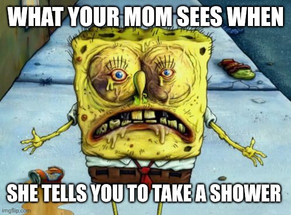 Dirty Sponge | WHAT YOUR MOM SEES WHEN; SHE TELLS YOU TO TAKE A SHOWER | image tagged in funny,spongebob,dirty,gross | made w/ Imgflip meme maker