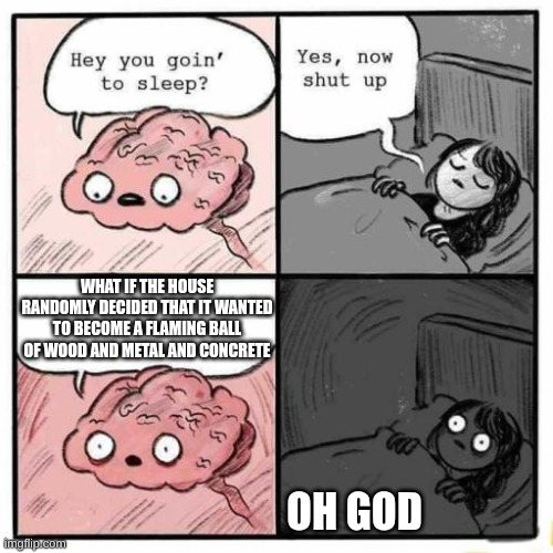 Hey you going to sleep? | WHAT IF THE HOUSE RANDOMLY DECIDED THAT IT WANTED TO BECOME A FLAMING BALL OF WOOD AND METAL AND CONCRETE; OH GOD | image tagged in hey you going to sleep | made w/ Imgflip meme maker