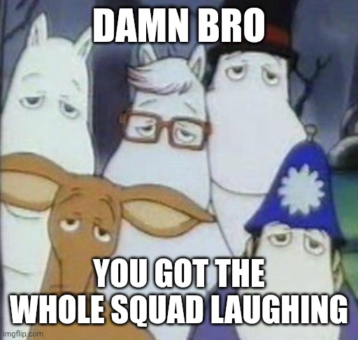 Damn Bro You Got The Whole Moomin Squad Laughing | DAMN BRO; YOU GOT THE WHOLE SQUAD LAUGHING | image tagged in damn bro you got the whole squad laughing | made w/ Imgflip meme maker
