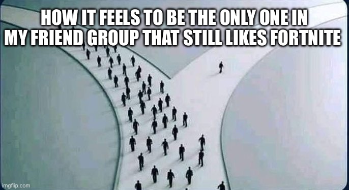 Fortnite might be a lost cause | HOW IT FEELS TO BE THE ONLY ONE IN MY FRIEND GROUP THAT STILL LIKES FORTNITE | image tagged in two paths | made w/ Imgflip meme maker