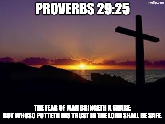 daily bible verse | PROVERBS 29:25; THE FEAR OF MAN BRINGETH A SNARE:
BUT WHOSO PUTTETH HIS TRUST IN THE LORD SHALL BE SAFE. | image tagged in cross | made w/ Imgflip meme maker