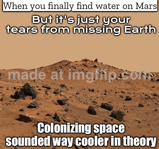 Colonizing space sounded way cooler in theory | When you finally find water on Mars; But it's just your tears from missing Earth; Colonizing space sounded way cooler in theory | image tagged in mars landscape,theory,mars,planets,futuristic utopia,water | made w/ Imgflip meme maker
