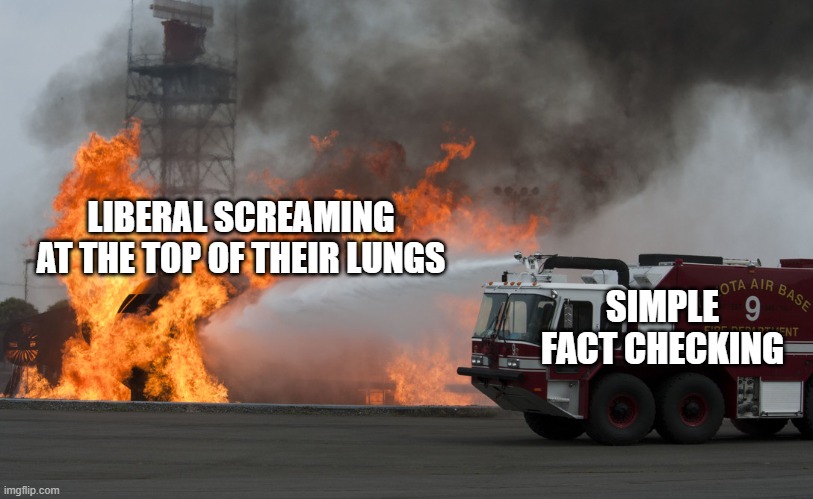 Just remember that being louder doesn't mean being right | LIBERAL SCREAMING AT THE TOP OF THEIR LUNGS; SIMPLE FACT CHECKING | image tagged in fire truck putting out fire,memes | made w/ Imgflip meme maker