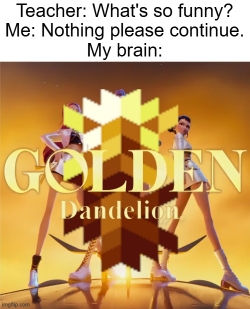 This is the extent of my gimp knowledge | Teacher: What's so funny?
Me: Nothing please continue.
My brain: | image tagged in golden dandelion,funny,minecraft,golden,dumb,why are you reading this | made w/ Imgflip meme maker