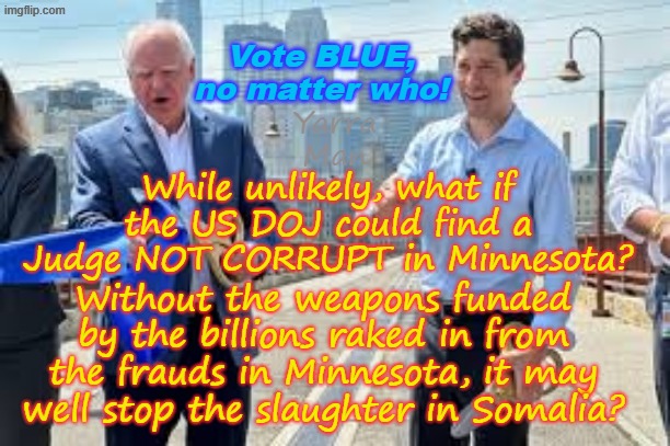 What if the billions of dollars being defrauded by US Taxpayers, maybe it could stop the slaughter in Somalia? | Vote BLUE, no matter who! Yarra Man; While unlikely, what if the US DOJ could find a Judge NOT CORRUPT in Minnesota? Without the weapons funded by the billions raked in from the frauds in Minnesota, it may well stop the slaughter in Somalia? | image tagged in tim tampon woke walz woker frey,minneapolis minnesota,far left us democrats,self gratification by proxy,trump maga | made w/ Imgflip meme maker
