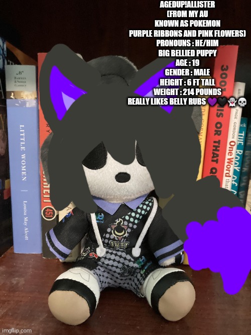 Puppy!! (19 year old puppy boy allister from my au) | AGEDUP!ALLISTER (FROM MY AU KNOWN AS POKEMON PURPLE RIBBONS AND PINK FLOWERS)
PRONOUNS : HE/HIM
BIG BELLIED PUPPY
AGE : 19
GENDER : MALE
HEIGHT : 6 FT TALL
WEIGHT : 214 POUNDS
REALLY LIKES BELLY RUBS 💜🖤👻💀 | image tagged in allister,pokemon sword and shield,pokemon,puppy boy | made w/ Imgflip meme maker