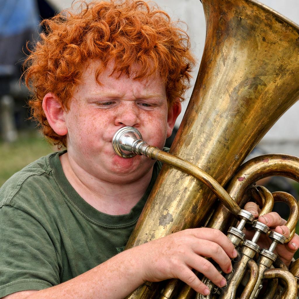 ugly red headed curly haired boy playing the tuba Blank Meme Template