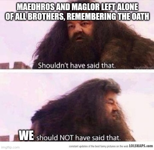 Feanor's Oath | MAEDHROS AND MAGLOR LEFT ALONE OF ALL BROTHERS, REMEMBERING THE OATH; WE | image tagged in i shouldn't have said that,memes,silmarillion,tolkien,maedhros,maglor | made w/ Imgflip meme maker