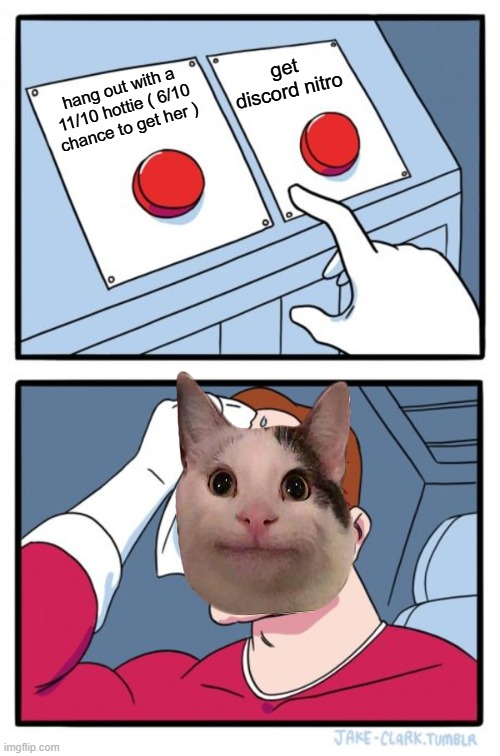 if you watch beluga you know we know | get discord nitro; hang out with a 11/10 hottie ( 6/10 chance to get her ) | image tagged in memes,two buttons | made w/ Imgflip meme maker