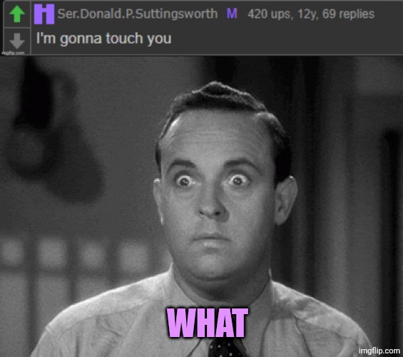 WHAT | image tagged in donald i'm gonna touch you,shocked face | made w/ Imgflip meme maker