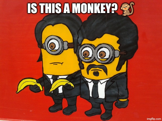 Minions Pulp Fiction mashup | IS THIS A MONKEY? 🐒 | image tagged in minions pulp fiction mashup | made w/ Imgflip meme maker