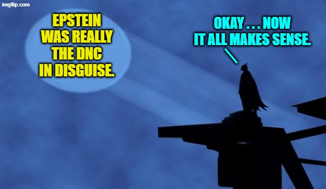 Pretty much clears up everything. | OKAY . . . NOW IT ALL MAKES SENSE. EPSTEIN WAS REALLY THE DNC IN DISGUISE. _ | image tagged in batman signal | made w/ Imgflip meme maker