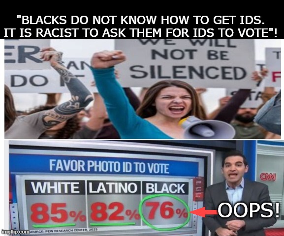 politics | "BLACKS DO NOT KNOW HOW TO GET IDS. IT IS RACIST TO ASK THEM FOR IDS TO VOTE"! OOPS! | image tagged in political meme | made w/ Imgflip meme maker