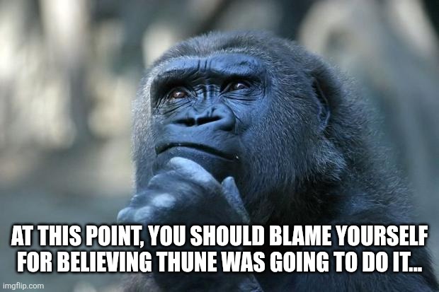 Deep Thoughts | AT THIS POINT, YOU SHOULD BLAME YOURSELF FOR BELIEVING THUNE WAS GOING TO DO IT... | image tagged in deep thoughts | made w/ Imgflip meme maker