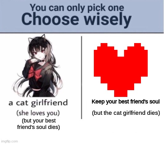 Be honest | Keep your best friend's soul; (but the cat girlfriend dies); (but your best friend's soul dies) | image tagged in fun,memes,choose wisely | made w/ Imgflip meme maker