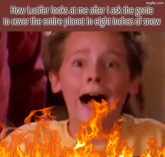 everyone gets the victor fries special /j | How Lucifer looks at me after I ask the genie to cover the entire planet in eight inches of snow | image tagged in but why why would you do that,snow | made w/ Imgflip meme maker