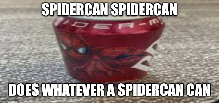 spider can spider can | SPIDERCAN SPIDERCAN; DOES WHATEVER A SPIDERCAN CAN | image tagged in spider can | made w/ Imgflip meme maker