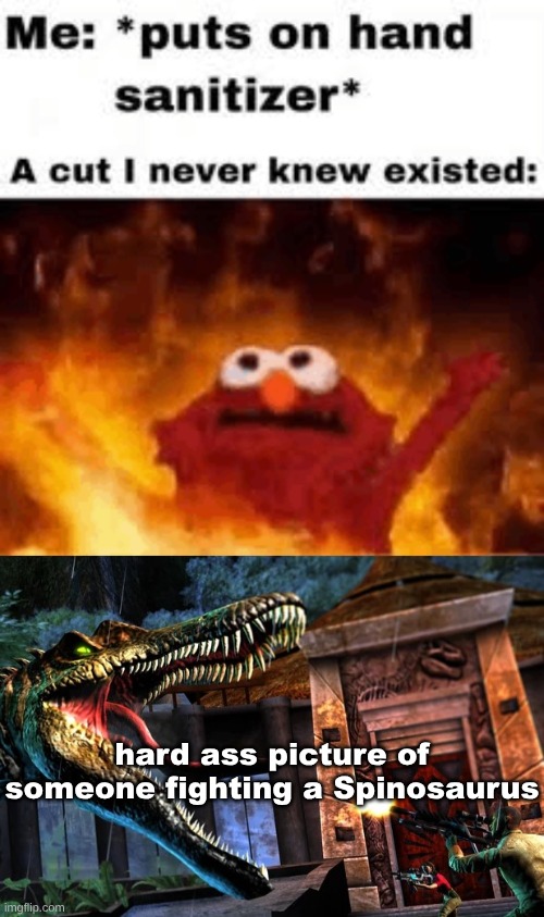 hard ass picture of someone fighting a Spinosaurus | image tagged in guy shooting at spinosaurus | made w/ Imgflip meme maker