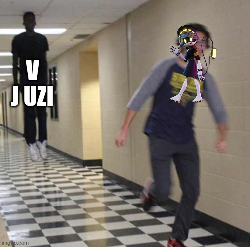 V J UZI | image tagged in floating boy chasing running boy | made w/ Imgflip meme maker