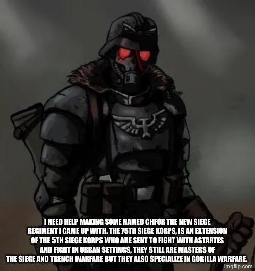 Krieg grenadier | I NEED HELP MAKING SOME NAMED CHARACTERS FOR THE NEW SIEGE REGIMENT I CAME UP WITH. THE 75TH SIEGE KORPS, IS AN EXTENSION OF THE 5TH SIEGE KORPS WHO ARE SENT TO FIGHT WITH ASTARTES AND FIGHT IN URBAN SETTINGS, THEY STILL ARE MASTERS OF THE SIEGE AND TRENCH WARFARE BUT THEY ALSO SPECIALIZE IN GORILLA WARFARE. | image tagged in krieg grenadier | made w/ Imgflip meme maker