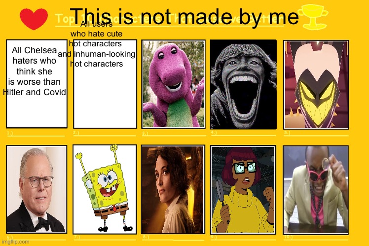 How ArielAriasPetzoldt and Illuminationfan  would make a T10CTDB meme towards me and KingRedSpyRedX | All users who hate cute hot characters  and inhuman-looking hot characters; This is not made by me; All Chelsea haters who think she is worse than Hitler and Covid | image tagged in my meme top 10 characters that deserve better,arielariaspetzoldt,illuminationfan,kingredspyredx,deviantart | made w/ Imgflip meme maker