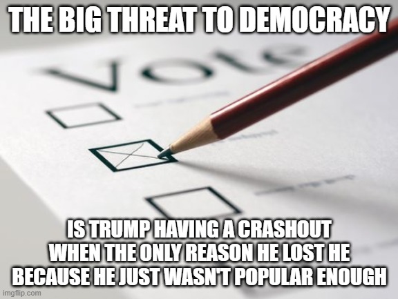 Voting Ballot | THE BIG THREAT TO DEMOCRACY; IS TRUMP HAVING A CRASHOUT WHEN THE ONLY REASON HE LOST HE BECAUSE HE JUST WASN'T POPULAR ENOUGH | image tagged in voting ballot | made w/ Imgflip meme maker