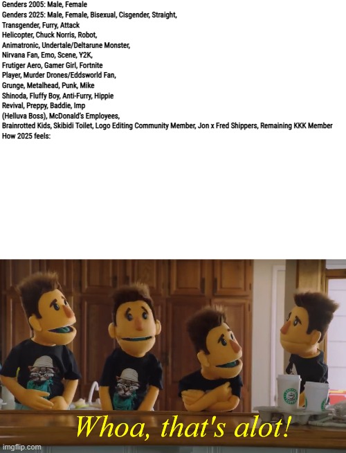 Genders in 2025 Do Be Crazy | Genders 2005: Male, Female

Genders 2025: Male, Female, Bisexual, Cisgender, Straight, Transgender, Furry, Attack Helicopter, Chuck Norris, Robot, Animatronic, Undertale/Deltarune Monster, Nirvana Fan, Emo, Scene, Y2K, Frutiger Aero, Gamer Girl, Fortnite Player, Murder Drones/Eddsworld Fan, Grunge, Metalhead, Punk, Mike Shinoda, Fluffy Boy, Anti-Furry, Hippie Revival, Preppy, Baddie, Imp (Helluva Boss), McDonald’s Employees, Brainrotted Kids, Skibidi Toilet, Logo Editing Community Member, Jon x Fred Shippers, Remaining KKK Member

How 2025 feels: | image tagged in whoa that's alot,genders | made w/ Imgflip meme maker