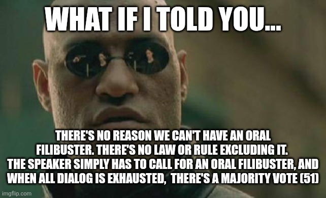 Matrix Morpheus Meme | WHAT IF I TOLD YOU... THERE'S NO REASON WE CAN'T HAVE AN ORAL FILIBUSTER. THERE'S NO LAW OR RULE EXCLUDING IT. 
THE SPEAKER SIMPLY HAS TO CALL FOR AN ORAL FILIBUSTER, AND WHEN ALL DIALOG IS EXHAUSTED,  THERE'S A MAJORITY VOTE (51) | image tagged in memes,matrix morpheus | made w/ Imgflip meme maker