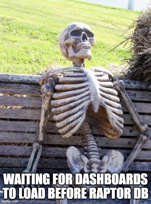 Waiting for the day | WAITING FOR DASHBOARDS TO LOAD BEFORE RAPTOR DB | image tagged in memes,waiting skeleton | made w/ Imgflip meme maker