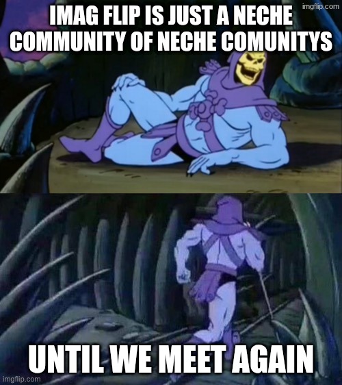 Skeletor disturbing facts | IMAG FLIP IS JUST A NECHE COMMUNITY OF NECHE COMUNITYS; UNTIL WE MEET AGAIN | image tagged in skeletor disturbing facts | made w/ Imgflip meme maker